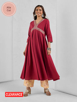 Likha - Maroon Pure Cotton Alia Cut Flared Kurta with Zari Work & Handblock Printed Pant LIKMCKS21