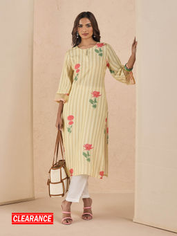 Likha - Modern Chintz Pale Yellow Muslin Digital Printed Kurta LIKMCKU01