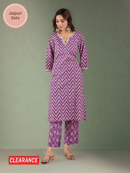 Likha - Purple Pure Cotton Printed Straight Kurta with Mirror Work on Neck & Printed Pant LIKWPSKS011