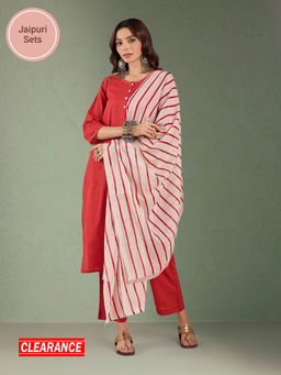 Likha - Red Pure Cotton Straight Kurta with Sequins on Neck with Pant & Printed Dupatta LIKFEBSKD08