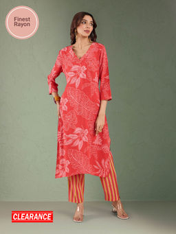 Likha - Red Soft Rayon Printed Straight Kurta with Sequins work on Neck & Printed Pant LIKCFKS10