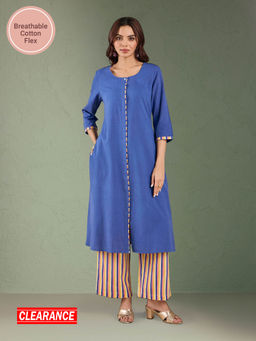 Likha - Blue Cotton Flex Solid A Line Kurta with Piping Detailing on Placket & Printed Pant LIKCFKS11