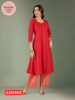 Likha - Red Cotton Flex Solid A Line Kurta with Piping Detailing on Placket & Printed Pant LIKCFKS11