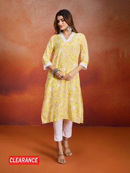 Likha - Yellow Floral Printed Kurta with Lace Detail LIKEPKU15