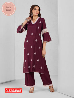 Likha - Wine Premium Chanderi Embroidered Pakistani Straight Kurta with Lace and Pant LIKMAKS45