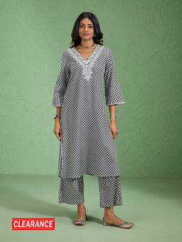 Likha - Geometric Printed Black & White Kurta Embroidered Neck with Pant LIKUTSKD7 (Set of 2)