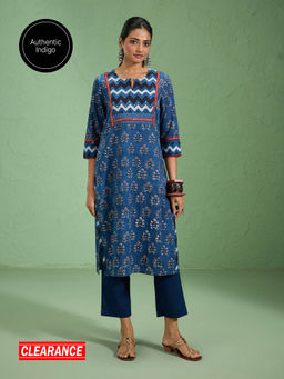 Likha - Indigo Pure Cotton Hand Block Printed Straight Kurta with Mirror Work LIKINKS01