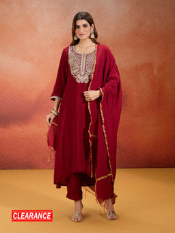 Likha - Viscose Silk Dori Embroidered High Low Hem Kurta Set with Chanderi Dupatta (Set of 3)