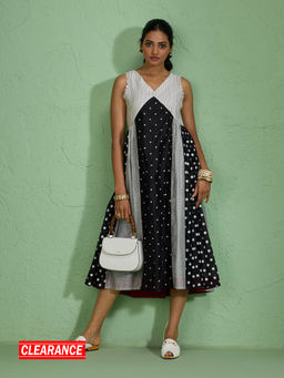 Likha - Viscose Chanderi Multi Printed Alia Cut Black & White Dress LIKFUDR1010