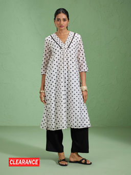 Likha - Viscose Chanderi Printed A-Line White Kurta LIKFUKU1015