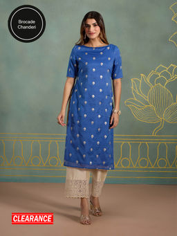 Likha - Pure Chanderi Brocade Festive Essential Straight Kurta With High Slit LIKBASKU01