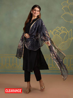 Likha - Viscose Silk Blend Classic Pleated Front 3 Piece Kurta Set with Printed Chanderi Dupatta