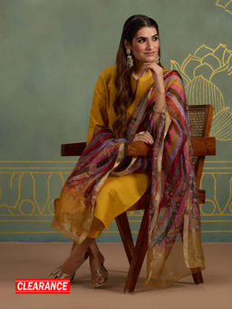 Likha - Viscose Silk Blend Classic Pleated Front 3 Piece Kurta Set with Printed Chanderi Dupatta