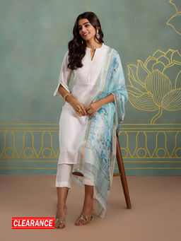 Likha - Viscose Silk Blend Classic Pleated Front 3 Piece Kurta Set with Printed Chanderi Dupatta