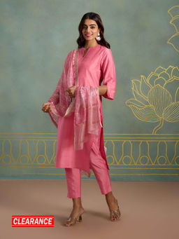Likha - Viscose Silk Blend Classic Pleated Front 3 Piece Kurta Set with Printed Chanderi Dupatta