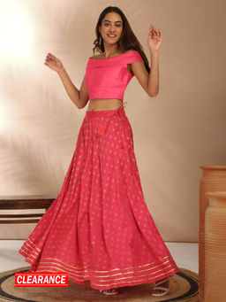 Likha - Rayon Gold Khadi Printed Pink Umbrella Skirt with Lace Detailing LIKKPL006
