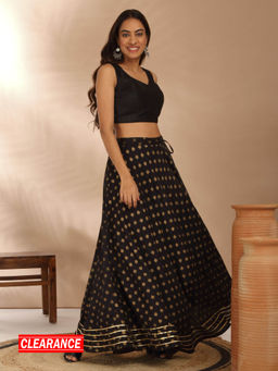 Likha - Rayon Gold Khadi Printed Black Umbrella Skirt with Lace Detailing LIKKPL006