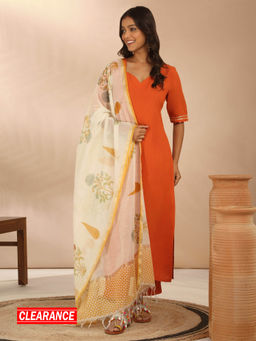 Likha - Rayon Straight Solid Kurta Set with Chanderi Hand Block Dupatta (Set of 3)