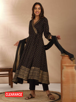 Likha - Rayon Gold Printed Angarkha Kurta with Pant & Chiffon Dupatta LIKJJSKD016 (Set of 3)