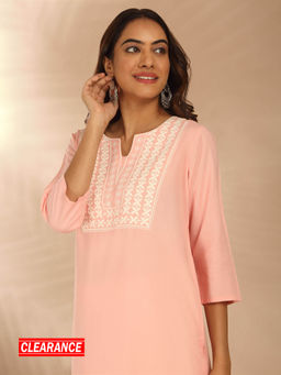 Likha - Peach Rayon Straight Fit Yoke Embroidered Kurta LIKLBKU20