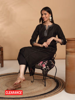 Likha - Cotton Chanderi Solid A Line Black Kurta Set LIKBAKU004 (Set of 2)