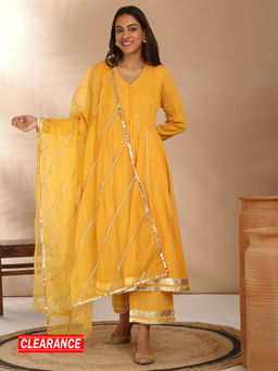 Likha - Cotton Crepe Solid Anarkali Kurta Set with Organza Dupatta LIKGOSKD008 (Set of 3)