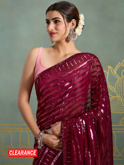 Likha - Georgette All Over Sequins Embellished Maroon Saree with Unstitched Blouse LIKPARSAR23