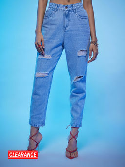 MIXT by Nykaa Fashion - Light Blue Loose Fit High Waist Ripped Jeans