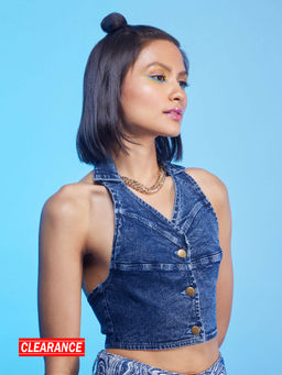 MIXT by Nykaa Fashion - Blue Halter Neck Denim Crop Top