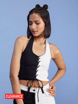 MIXT by Nykaa Fashion - Black And White Colorblock Halter Neck Tie Up Crop Top