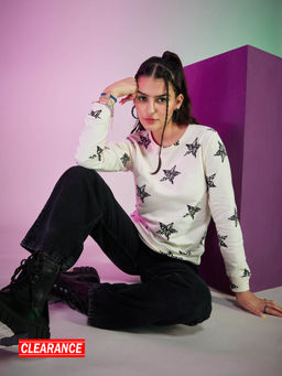 MIXT by Nykaa Fashion - Cream And Black Printed Round Neck Sweatshirt