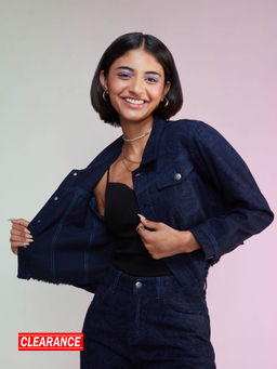 MIXT by Nykaa Fashion - Navy Blue Marble Print Cropped Denim Jacket