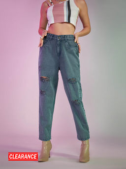 MIXT by Nykaa Fashion - Charcoal Grey Ripped High Waist Ankle Length Jeans