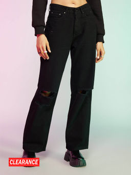 MIXT by Nykaa Fashion - Black High Waist Ripped Wide Leg Denims