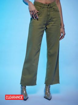 MIXT by Nykaa Fashion - Olive Green High Waist Wide Leg Jeans