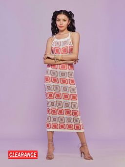 MIXT by Nykaa Fashion - Multi-color Geometric Print Square Neck Crochet Midi Dress
