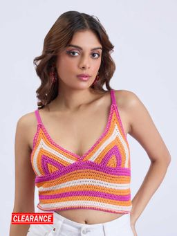 MIXT by Nykaa Fashion - Multi-color Striped V Neck Crochet Crop Top