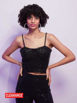 MIXT by Nykaa Fashion - Black Sequin Sweetheart Neck Strappy Corset Crop Top