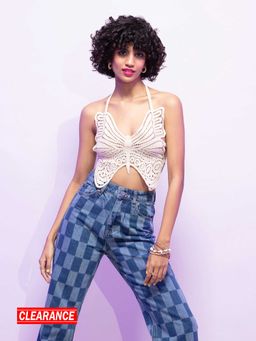 MIXT by Nykaa Fashion - Beige Self Design Halter Neck Fitted Crochet Short Top