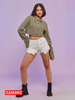 MIXT by Nykaa Fashion - Olive Green Full Sleeves Crop Denim Jacket
