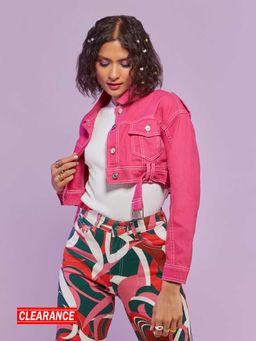 MIXT by Nykaa Fashion - Pink Solid Belted Short Denim Jacket