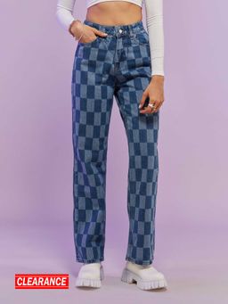 MIXT by Nykaa Fashion - Blue Checked High Waist Straight Fit Denims