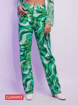 MIXT by Nykaa Fashion - Green Abstract Print High Waist Straight Fit Denims