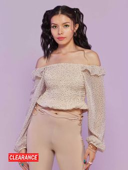 MIXT by Nykaa Fashion - Beige Printed One Shoulder Smocking Top