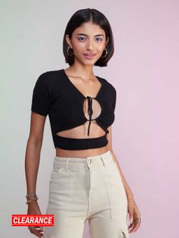 MIXT by Nykaa Fashion - Black Solid Cut Out Halter Tie Up Top