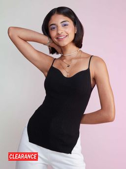MIXT by Nykaa Fashion - Black Solid Ribbed Bodycon Top