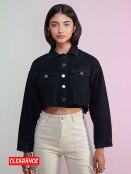 MIXT by Nykaa Fashion - Black Solid Full Sleeves Crop Denim Jacket