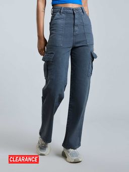 MIXT by Nykaa Fashion - Charcoal Grey Solid Straight Fit Cargo Denims