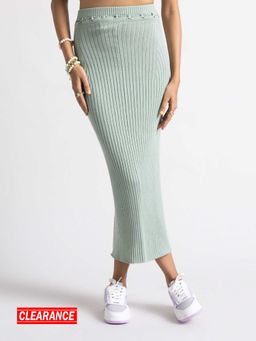 MIXT by Nykaa Fashion - Green Ribbed High Waist Slit Bodycon Midi Skirt