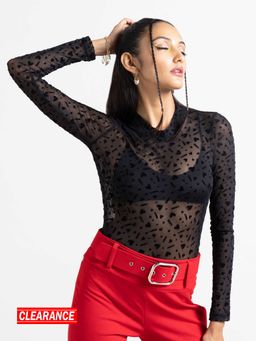 MIXT by Nykaa Fashion - Black Textured Fitted Mesh Full Sleeves Bodysuit
